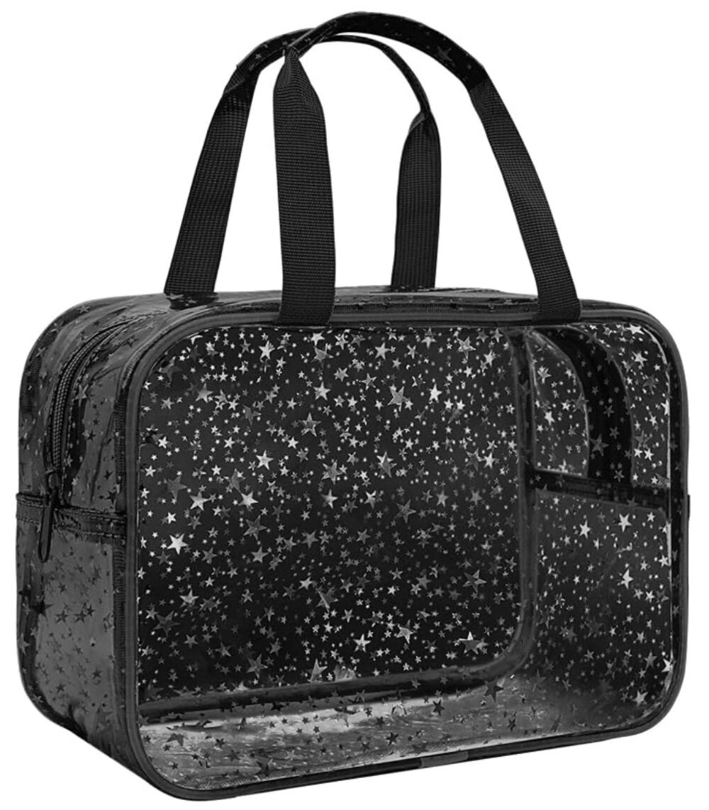 Large Clear Black Makeup Bag with Star Pattern, Travel Cosmetic Bag with Handle